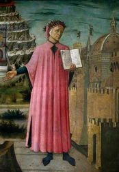 Le poète italien Dante Alighieri (1265-1321) présente son œuvre La Divine Comédie (La divina commedia). Détail. Fresque de Domenico di Michelino (1417-1491), cathédrale Santa Maria del Fiore, Florence. (Duomo, Florence), Italie
