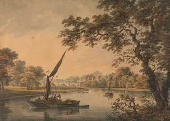 Un pont sur la Tamise, avec des barges à voile au premier plan