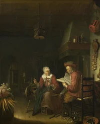 Intérieur avec un homme lisant et une femme filant du fil