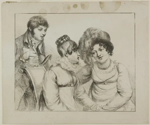 Homme et deux femmes conversant
