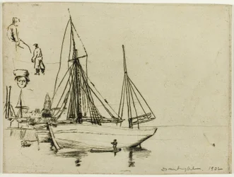 Croquis de bateaux de pêche et de marins