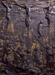 Crucifixion du Christ, vers 1465, relief en bronze damasquiné, 93 x 70 cm, Italie