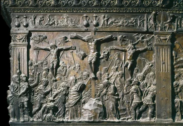 Représentation du bon larron (Dismas) et du mauvais larron (Gesmas), crucifiés avec Jésus-Christ. (détail)