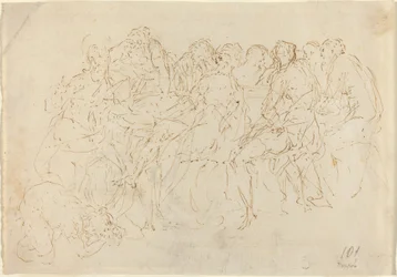 Madeleine Lavant les Pieds du Christ avec Huit Disciples Observant [recto]