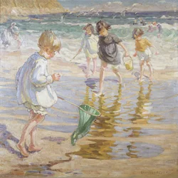 Jouer au bord de la mer (huile sur toile)