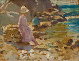 Femme et enfant sur les rochers (huile sur panneau)