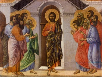 Le Christ apparaît aux apôtres à huis clos, détail des Épisodes de la Passion et de la Résurrection du Christ, partie de la Maestà du Retable de Duccio dans la cathédrale de Sienne