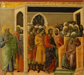 Le Christ devant Caïphe, détail de carreau des Épisodes de la Passion et de la Résurrection du Christ, verso de la Maestà du Retable de Duccio dans la cathédrale de Sienne