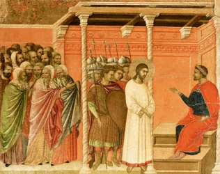 Le Christ devant Pilate, détail de carreau des Épisodes de la Passion et de la Résurrection du Christ, verso de la Maestà du Retable de Duccio dans la cathédrale de Sienne