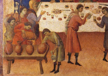 Les noces de Cana, (détail) de la tuile des Épisodes de la Passion et de la Résurrection du Christ, surface arrière de la Maestà du retable de Duccio dans la Cathédrale de Sienne