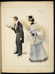 Deux personnages. Un homme lisant un livre et une dame.