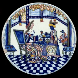 Assiette en porcelaine de Delft représentant une femme à une table servie par son serviteur noir. 1705 Sèvres, Musée National de la Céramique