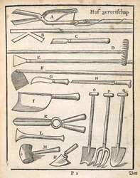 Outils de jardin, de Le Jardinier hollandais par Johann van der Groen, publié en 1699