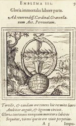 Gloria immortalis labore parta, illustration de Emblemata par Hadrianus Junius, publié par Christophe Plantin, Anvers, 1565