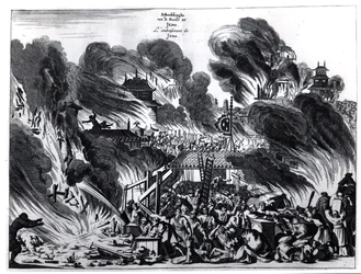 Grand incendie à Yedo (Tokyo) au XVIIe siècle, illustration du récit par Arnold Montanus des ambassades envoyées par la Compagnie néerlandaise des Indes orientales à l