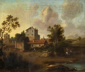 Paysage avec ruines et cavalier sur un cheval blanc