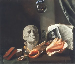Nature Morte de Vanité avec un Buste, des Coquillages, des Livres et des Flacons en Verre