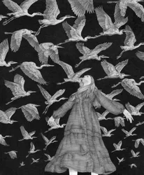 Une femme éthérée et ses hérons en vol