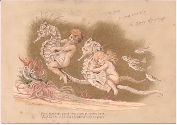 Carte de Noël victorienne de deux bébés aquatiques chevauchant un hippocampe avec des anémones de mer et un banc de poissons