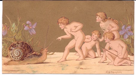 Carte de vœux victorienne de quatre fées nues taquinant un escargot sur fond doré