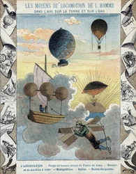 Aérostation - Projet de bateau volant de Pierre de Lana - Appareil volant de Besnier (1678) - Ballon - Ballon dirigeable - illustration de E Letellier - Protéger cahier historique, fin du 19ème siècle