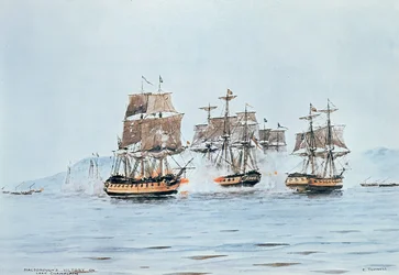 Le commodore Macdonough dans le Saratoga défait les Britanniques, bataille du lac Champlain