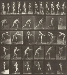 Planche numéro 521. A : Marcher. B : Monter une marche. C : Lancer le disque. D : Utiliser une pelle, 1887