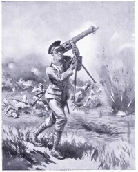 Le soldat Lynn emportant une mitrailleuse pour réparation sous un feu nourri à la bataille de l