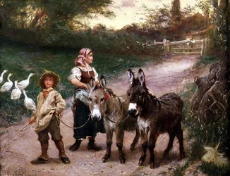Enfants paysans avec des ânes
