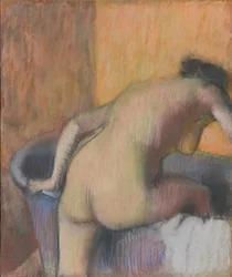 Baigneuse entrant dans une baignoire, vers 1890