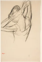 Danseuse se coiffant; demi-figure en profil vers la gauche, vue de dos