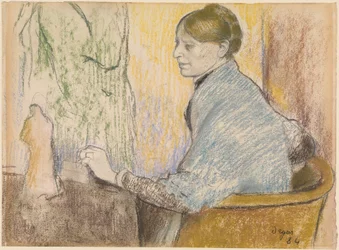 Madame Henri Rouart dans un fauteuil devant une petite table avec une statuette de Tanagra