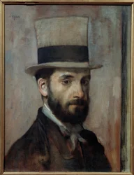 Portrait de Léon Joseph Florentin Bonnat (1833-1922) Le peintre porte un chapeau haut de forme. Peinture par Edgar Degas (1834-1917) 1863 Dim. 0,43x0,36 m Bayonne, musée Bonnat