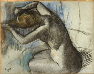 Femme nue assise se brossant les cheveux, vers 1885