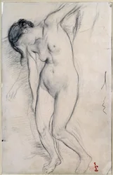 Étude de femme nue debout pour « scène de guerre au Moyen Âge »