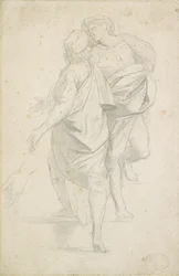 Deux figures debout sur un escalier (d