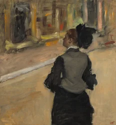 Femme vue de dos, visite à un musée, vers 1879-1885