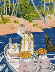 La prise de la messe dans la lagune", illustration tirée de "A la Conquete du Monde Paien" de Georges Goyau (1869-1939) 1933 (lithographie en couleurs)