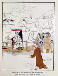 Guillaume de Rubrouck (vers 1200-vers 1256) devant le chef tartare Möngke en 1251, tiré de «A la Conquete du Monde Paien» de Georges Goyau (1869-1939), 1933