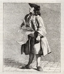 Le crieur des numéros gagnants (Loto) - Petit métier de Paris (Études prises dans le bas Peuple, ou les Cris de Paris) - gravure par Edme Bouchardon (1698-1762)