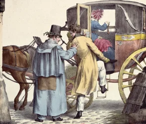 Où allons-nous?... Toujours tout droit, caricature de la série Moeurs Parisiennes, gravée par Langlume, vers 1825