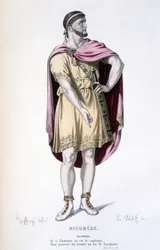Personnage de Nicomède dans la tragédie Nicomède - Théâtre complet : (Collection de pièces de Corneille) dessin de Geffroy, gravure de L. Wolff - éd. Laplace, Sanchez et Cie, Paris 1884