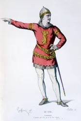 Le personnage de Don Rodrigue dans la tragi-comédie Le Cid - Théâtre complet : (Collection de pièces de Corneille) dessin de Geffroy, gravure de Colin - éd. Laplace, Sanchez et Cie, Paris 1884