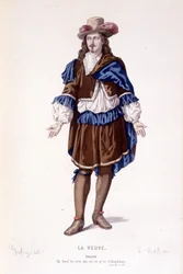 Le personnage de Philiste dans La veuve ou le traître trahi - Théâtre complet: (Collection des pièces de Corneille) dessin de Geffroy, gravure de L. Wolff - éd. Laplace, Sanchez et Cie, Paris 1884