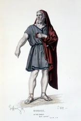 Le personnage du vieil Horace dans la tragédie Horace - Théâtre complet : (Collection de pièces de Corneille) dessin de Geffroy, gravure de L. Wolff - éd. Laplace, Sanchez et Cie, Paris 1884
