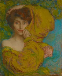 Jeune femme avec écharpe jaune, vers 1900
