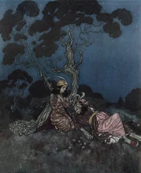 La Belle et la Bête : la Belle effrayée par la Bête gît près d