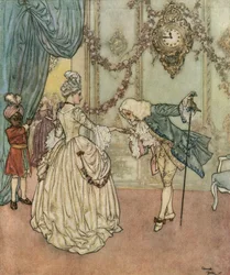 Cendrillon : La jeune Cendrillon est venue assister au bal grâce à sa marraine fée et rencontre le prince qui lui baise la main c.1910