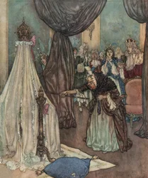 La belle au bois dormant : une vieille fée se penche sur le berceau de la princesse et la maudit, c.1910
