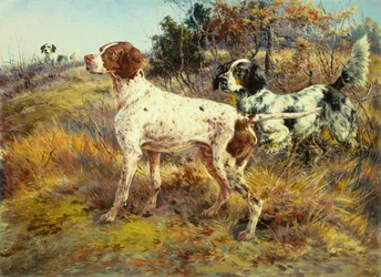 Un braque allemand à poil court et deux setters dans un paysage (huile sur toile)